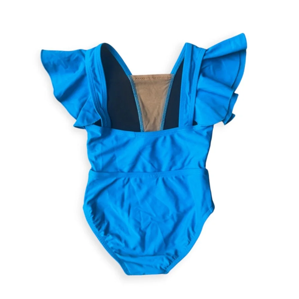 Kandi Kouture Girls Blue Flutter Ruffle Sleeve Leotard Size CM 5/6